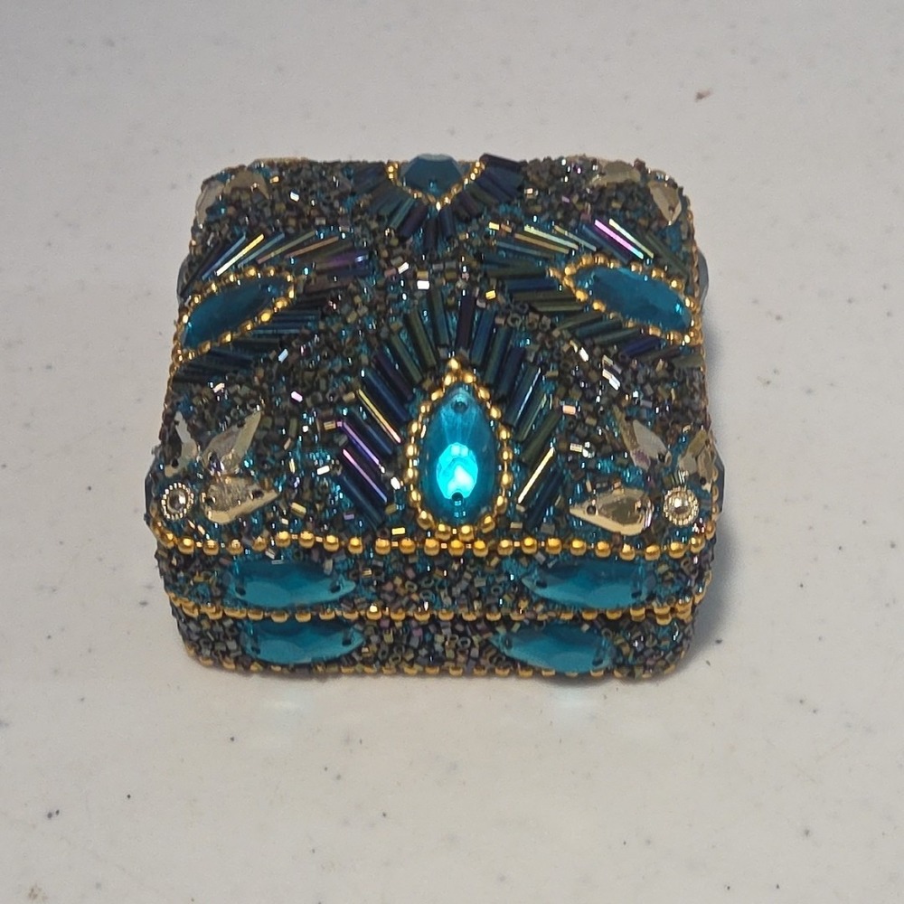 Jeweled Trinket Box Jewelry Box Blue and Gold Peacock Turquoise Gem Sparkle Lid